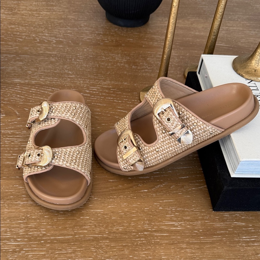 Steve Madden Zuree Buckle Slide Sandals Tan Raffia Size 7.5